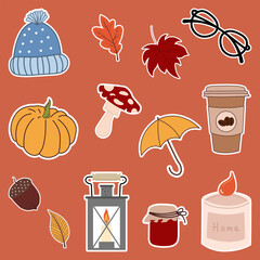 autumn stickers featuring pumpkins, leaves, and cozy accessories in warm colors