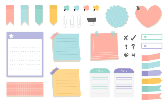 Collection of various paper notes. Blank paper notes for to-do list, planner, memories. Stickers and assorted pieces of scotch tape.