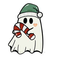 Ghost with green Santa hat holding candy cane cute spooky Christmas design