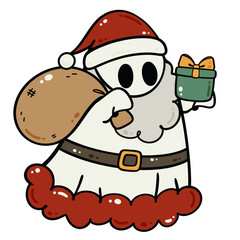 Cute ghost dressed as Santa Claus holding gift bag and present illustration
