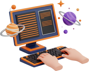 3D illustration of hands typing on a computer keyboard with planets and stars in the background representing space exploration and digital concepts Technology