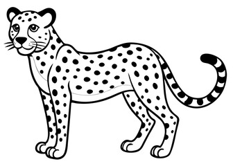 Fototapeta premium Cartoon cheetah with black spots standing in profile on a white background art