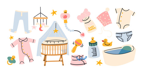  Newborn baby items sticker set in retro cartoon style. Bottles, pacifiers, diapers, baby clothes, toys, crib - adorable baby essentials in trendy retro doodle 