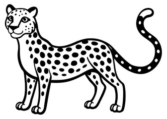 Fototapeta premium Cartoon jaguar with black spots and a curled tail standing on a white background