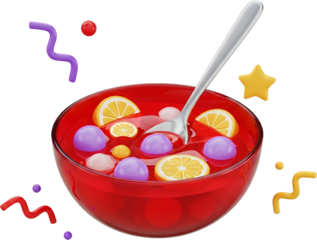 A vibrant red punch bowl overflows with slices of fresh lemon and round colorful fruit bobbles fruit punch lemon slices colorful drink party drink celebration