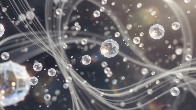 Floating crystals near the flowing light in the background, usable for science, medicine, or beauty concepts
