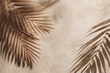 Natural sunlight casts shadows of palm leaves on textured beige surface creating an aesthetic composition
