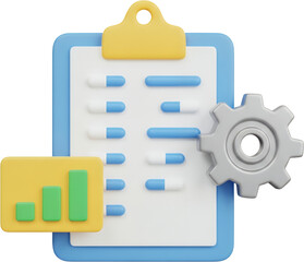 3D render of a digital interface showing a checklist bar chart and gear mechanism representing data analysis and process automation technology graphic