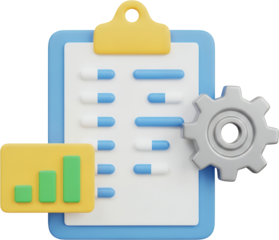 3D render of a digital interface showing a checklist bar chart and gear mechanism representing data analysis and process automation technology graphic
