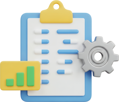 3D render of a digital interface showing a checklist bar chart and gear mechanism representing data analysis and process automation technology graphic
