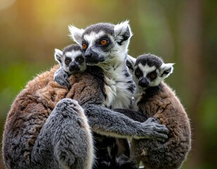 Obraz premium A ring-tailed lemur mother cradles two young lemurs close to her