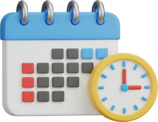 A stylized 3D calendar with a clock featuring a blue binder white pages with grey and red squares and a yellow clock face with blue and red hands time