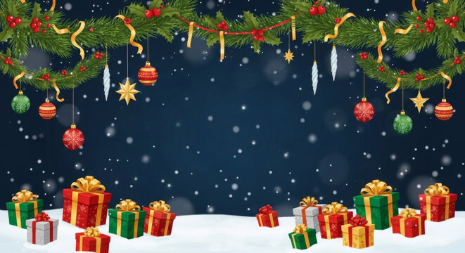 Magical Christmas holiday scene with surreal touch, featuring snowy ground adorned with colorful gift boxes and festive garland of ornaments, ribbons, and stars against dark starry background