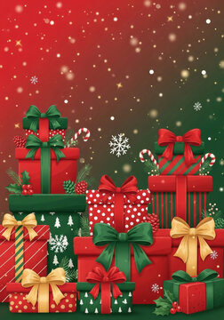 Magical Christmas holiday scene with vibrant red and green gift boxes adorned with bows, surrounded by candy canes, holly, and snowflakes, creating surreal festive fantasy