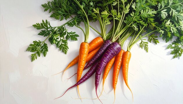 “Bunch of freshly harvested carrots with leafy tops, mix of orange and vibrant purple varieties on light surface”