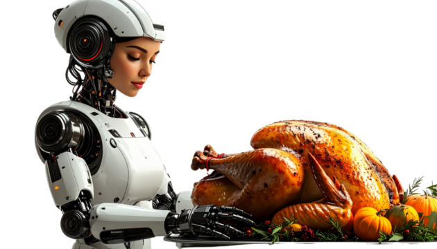 Robot chef preparing Thanksgiving turkey, isolated on transparent background, futuristic holiday celebration idea