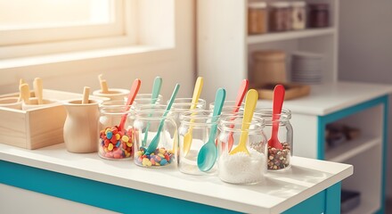 Organized kitchen setting featuring vibrant candies and sugar assortment