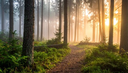 A sunlit forest path leads through misty trees, morning glow