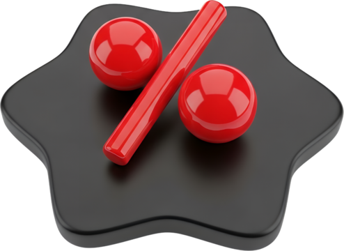 Three dimensional red percentage symbol resting on a glossy black star shaped platform representing a discount or sale commerce financial price reduction