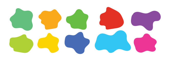 Set of Ten Abstract Blob Shapes in Vibrant Rainbow Colors for Modern Design Elements, Organic Frames, and Liquid Splash Graphics