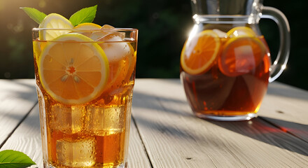Refreshing iced tea with lemon and orange slices and ice cubes on a wooden table, outside