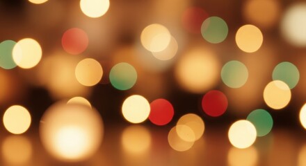 Obraz premium Softly blurred bokeh lights in warm tones of gold, red, and green create a festive and magical atmosphere.