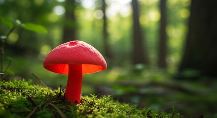 Vibrant red mushroom on mossy forest floor with blurred green background