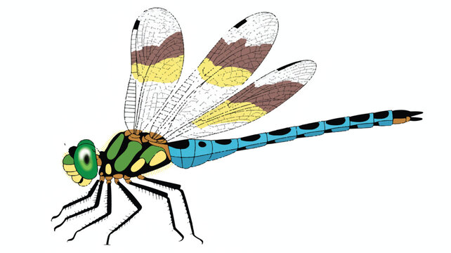 A detailed illustration of a dragonfly against a pure white background 
