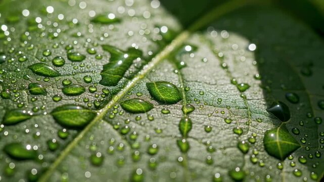 Water droplets resting on leaf surface outdoors, creating bokeh background. Possible use ecological campaigns