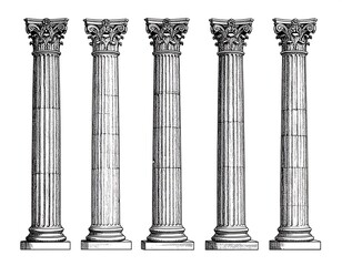 Obraz premium Five classical architectural columns in a grayscale illustration