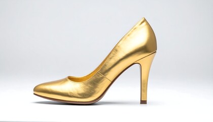 Sleek golden stiletto high heel shoe, side view, isolated on white background