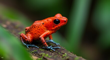 Fototapeta premium Vibrant red poison dart frog perched on a branch in natural environment