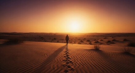 A lone figure walks across rippled sand dunes towards a vibrant sunset, leaving footprints in the sand as the sun casts a long shadow