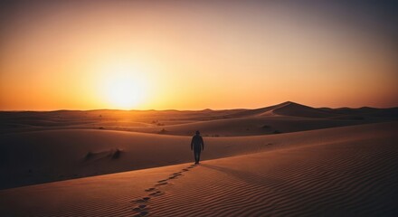A solitary person walks through a vast desert landscape at sunset, with rippled sand dunes and a warm, glowing sky