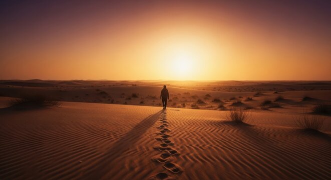 A lone figure walks across rippled sand dunes towards a vibrant sunset, leaving footprints in the sand as the sun casts a long shadow