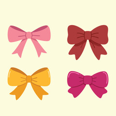 Colorful Decorative Bow Set in Pink, Red, Yellow, and Fuchsia, illustration, vector.