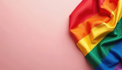 Rainbow flag fabric rests on a soft pink surface. This colorful textile symbolizes pride, equality, and unity for diverse communities. Ideal for LGBTQ events, social causes, and awareness campaigns.