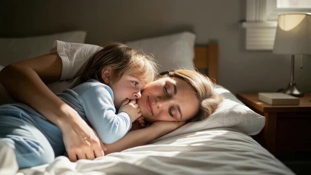 Mother and child cuddling while lying in bed in a sunlit room; possible use for family lifestyle concepts and parental affection