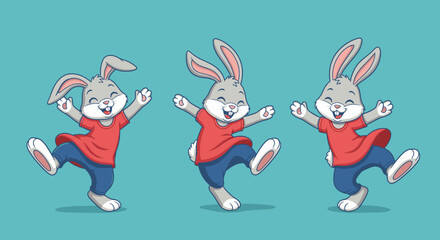 Three cartoon rabbits joyfully dancing with arms raised, wearing red shirts and blue pants.