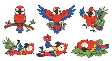 Six cartoon parrots in various poses: perched, flying, waving, resting, and sleeping, surrounded by tropical foliage and flowers.