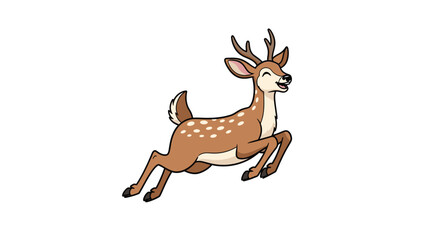 Cartoon illustration of a spotted deer leaping with a happy expression on a white background.