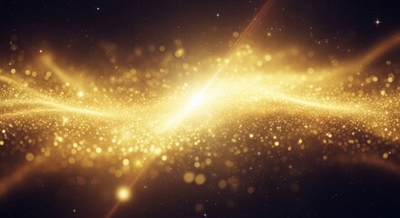 Abstract golden particles and light streaks creating a cosmic or energetic wave effect.