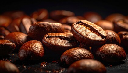 Close Up Of Dark Roasted Coffee Beans With Warm Lighting And Scattered Water Droplets On A Dark Surface