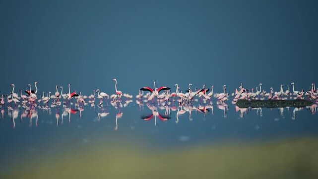 A large flock of flamingos wading in Sambhar Lake, Rajasthan, India. Soft pastel reflections, calm water, and golden light create a serene wildlife scene of harmony, beauty, and nature&rsquo;s grace.
