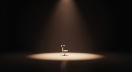 An empty, ornate chair sits alone in the center of a dark room, illuminated by a single spotlight, creating a dramatic and mysterious atmosphere, suggesting absence or anticipation
