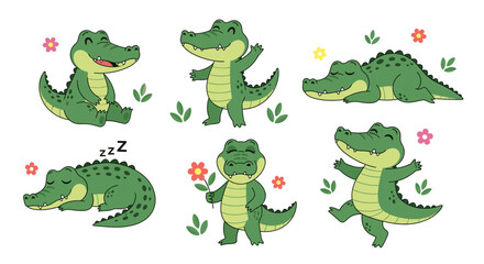 Six cartoon crocodiles in various poses: sitting, waving, sleeping, holding a flower, and dancing, surrounded by flowers and leaves.