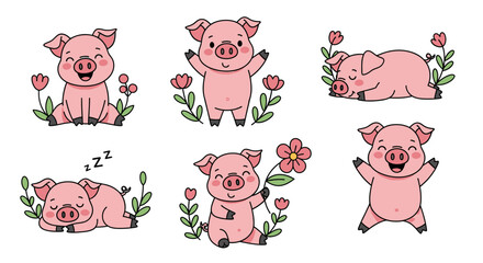 Six cartoon pigs in various poses: sitting, standing, sleeping, and holding a flower, surrounded by flowers and leaves.
