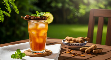 Refreshing tamarind drink with ice and garnishes on a wooden table, summer outdoor scene