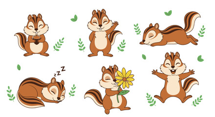 Fototapeta premium Six cartoon chipmunks in various poses, including holding a nut, waving, sleeping, and holding a flower, surrounded by green leaves.