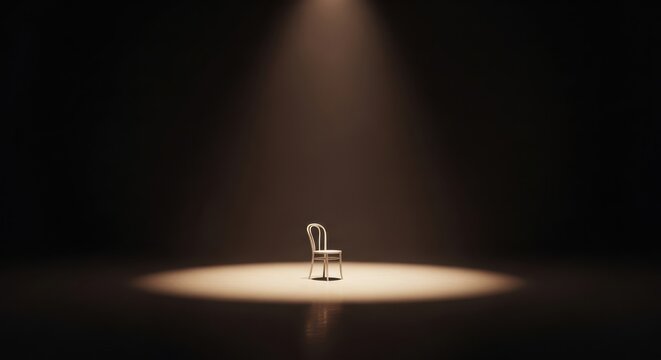 An empty, ornate chair sits alone in the center of a dark room, illuminated by a single spotlight, creating a dramatic and mysterious atmosphere, suggesting absence or anticipation